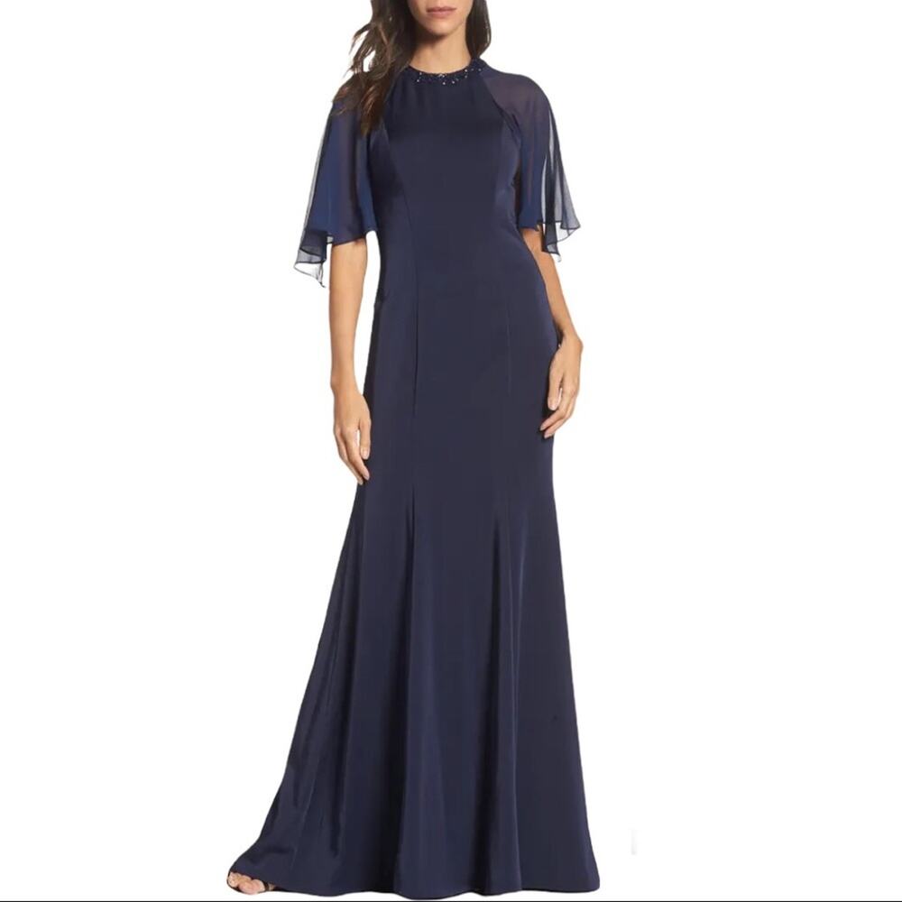 La Femme Illusion Cape Trumpet Gown Navy Size 6